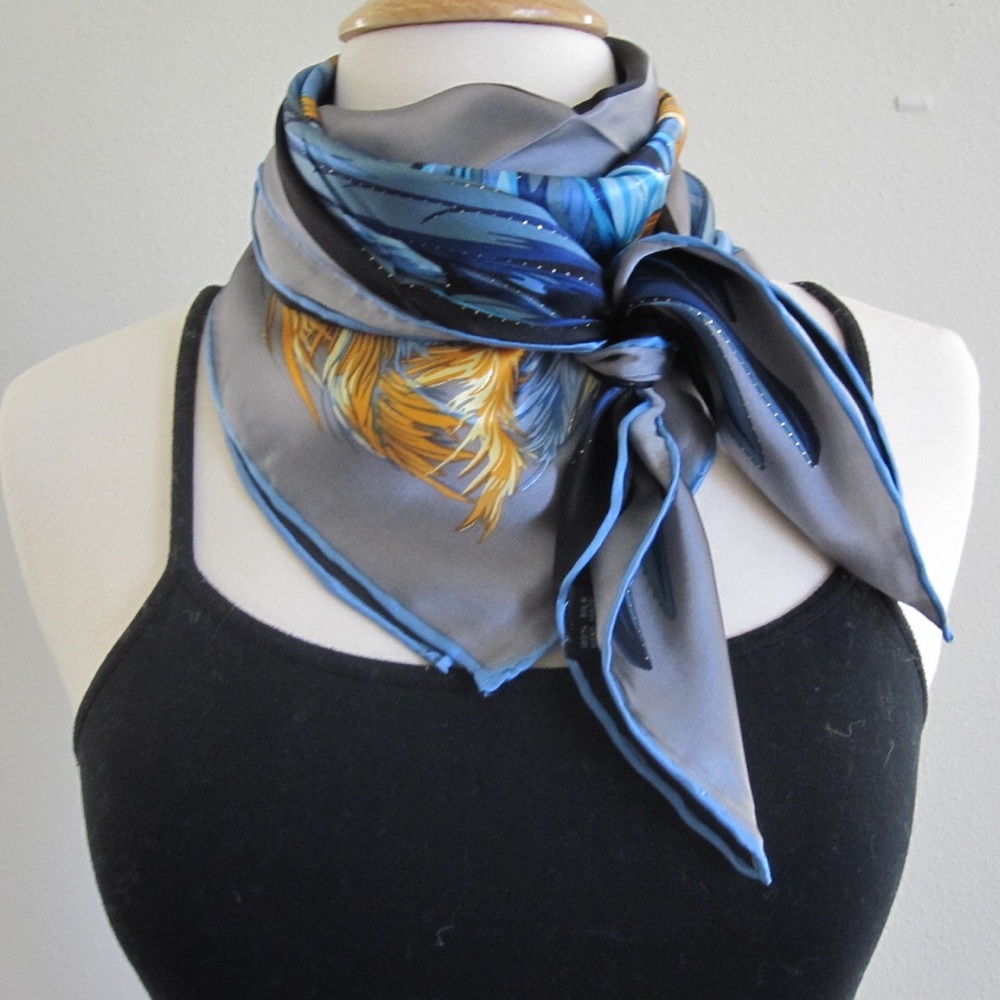 Square Silk Scarf Hand Rolled Gilded Feather 90cm